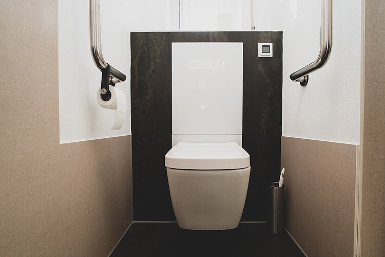 Modernes barrierefreies WC mit Wandmodul, Edelstahl-Haltegriffen und schlichter Ausstattung